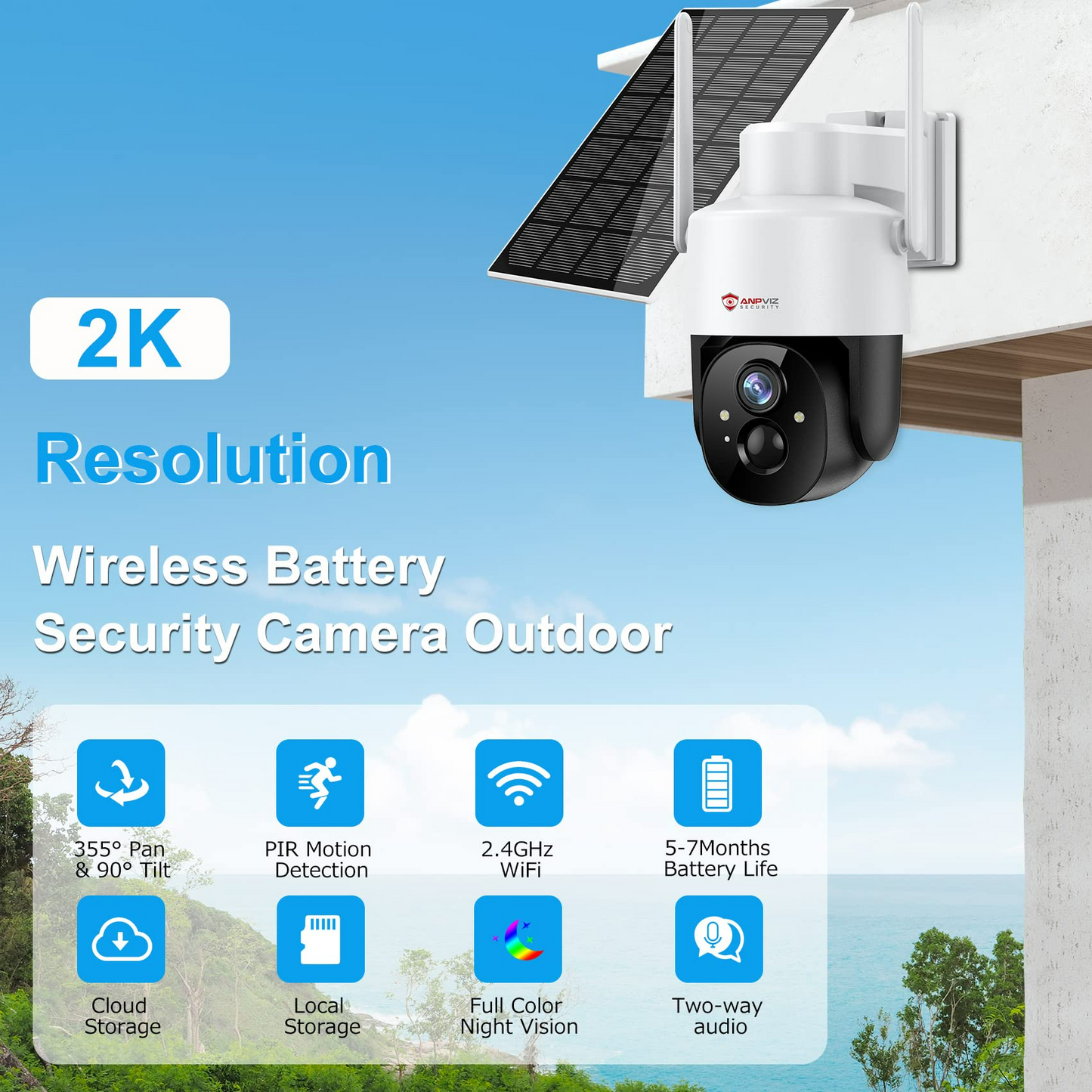 Anpviz 2K Solar Wireless Security Camera Outdoor, 4X Digital Solar Powered Wireless Camera, 360° PTZ Solar Security Cameras, Work with Alexa, Wireless Outdoor Cameras with Solar Panel, Two-Way Audio