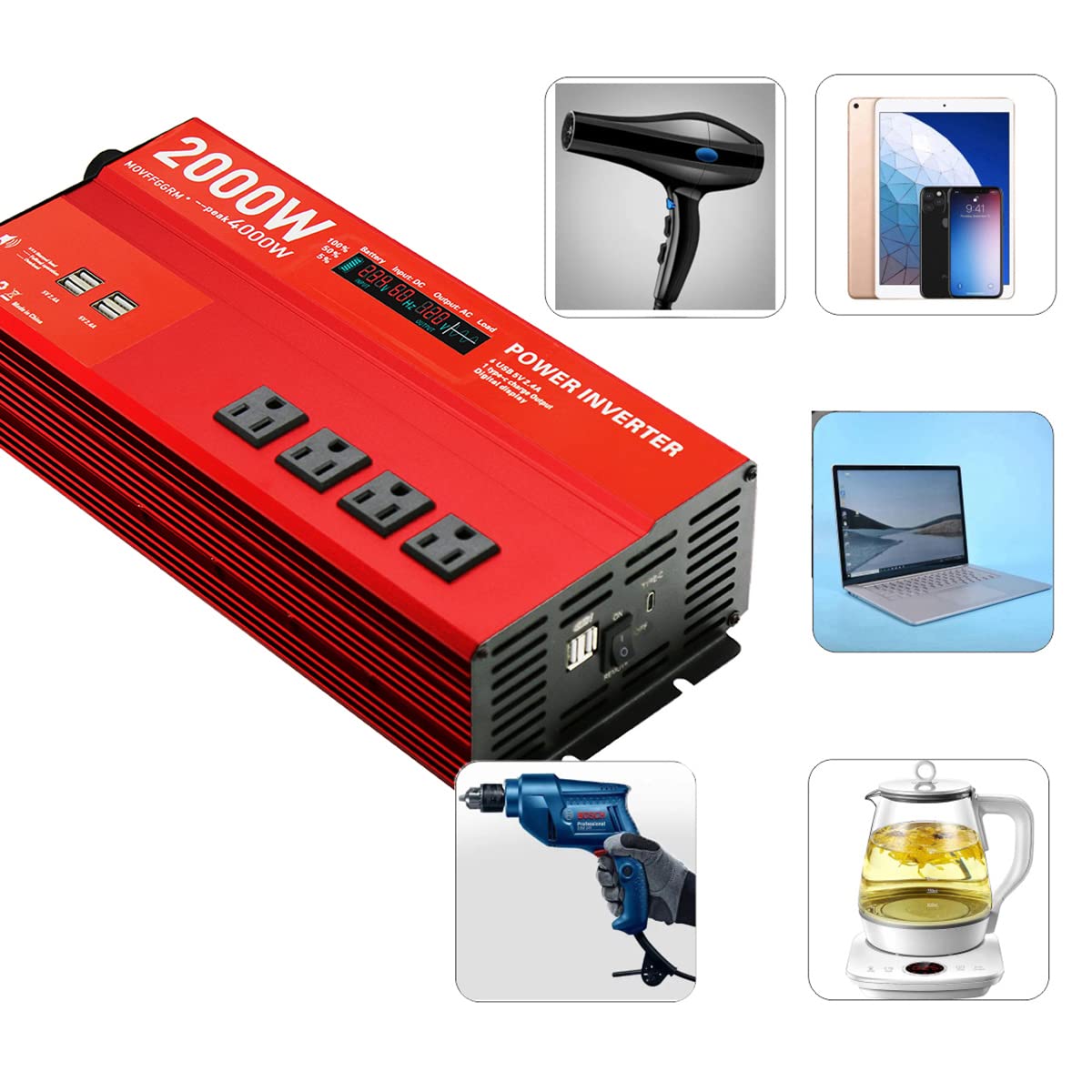 2000W 24V Modified sine Wave Power Inverter,Peak 4000 watt, Car/Truck DC 24V to 110V 4AC Converter, 6X 2.4A USB Ports,with 1x 18W Type-C Quick Charge Ports,LCD Digital Display Yyton
