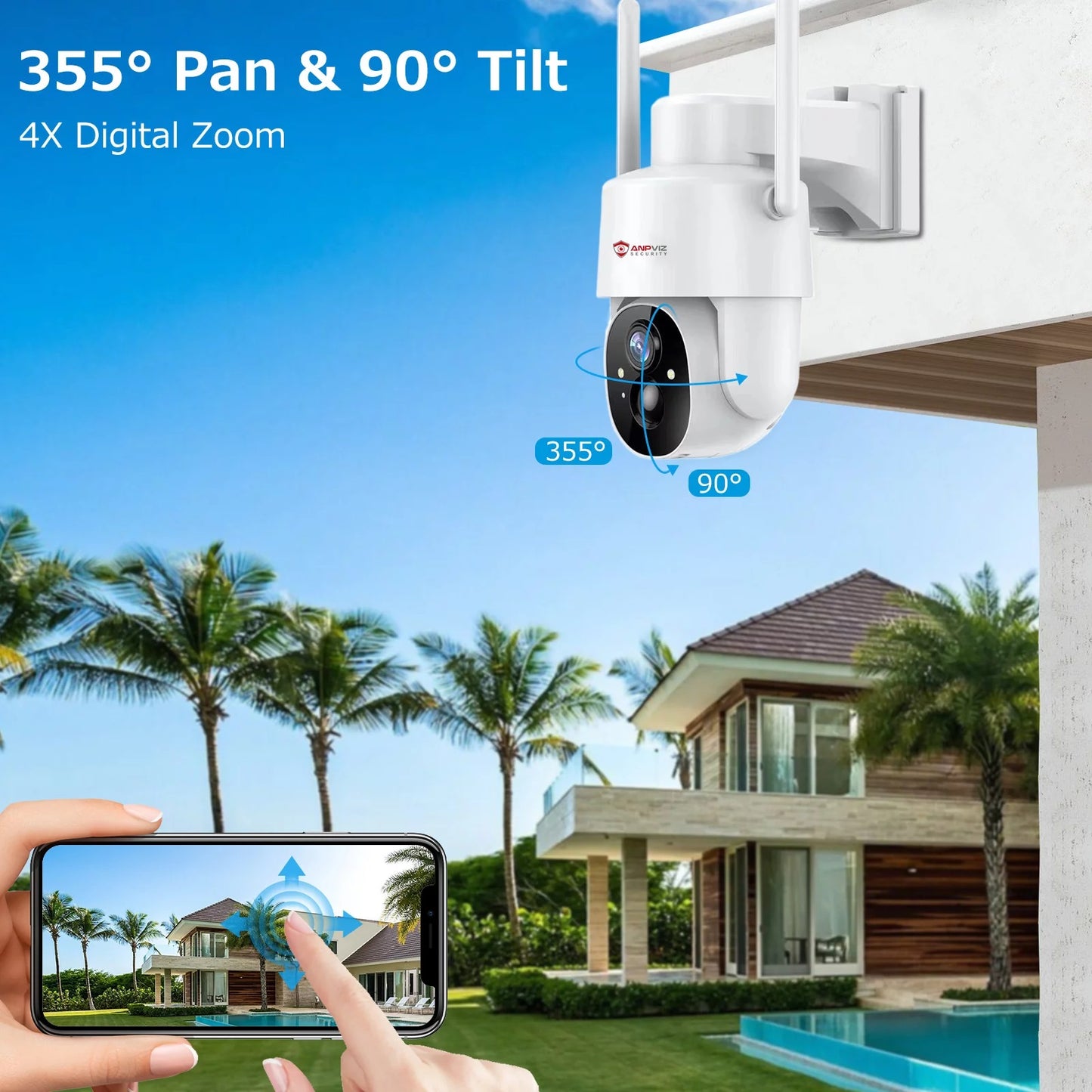 2K Solar Security Outdoor WiFi Camera , Anpviz 360° View IP65 Waterproof Rechargeable Wireless Battery PTZ Camera with PIR