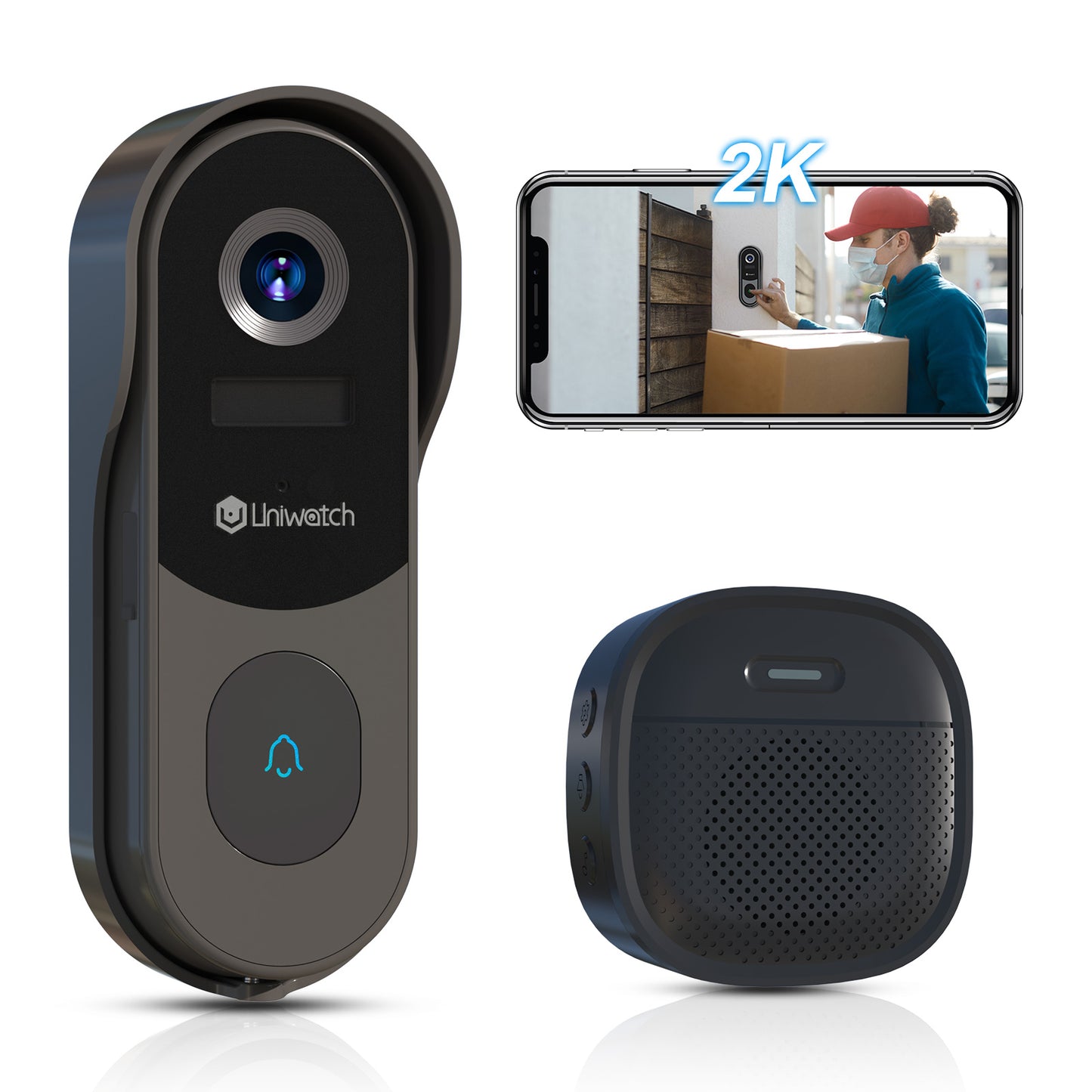 Wireless Doorbell Camera 2K AI Outdoor WiFi Video Doorbell,Two-Way Audio Night Vision,IP65 Waterproof by Uniwatch