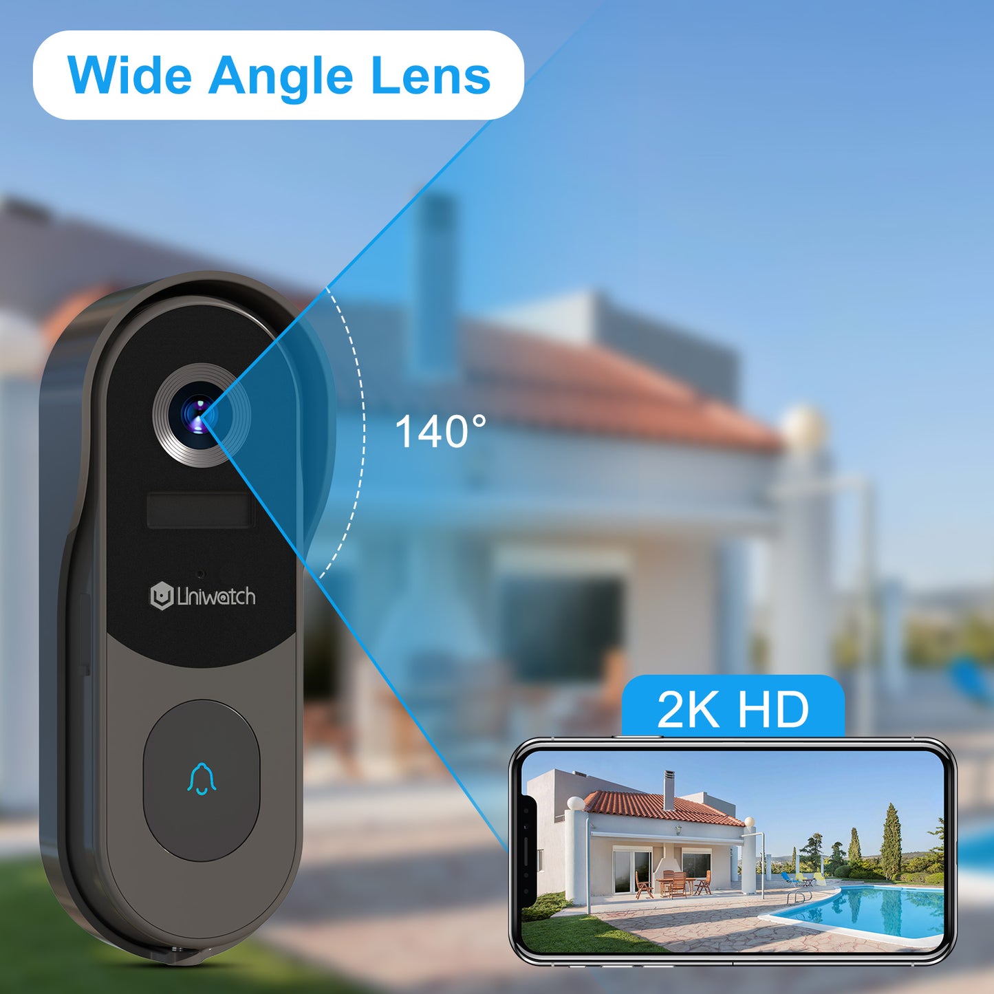 Wireless Doorbell Camera 2K AI Outdoor WiFi Video Doorbell,Two-Way Audio Night Vision,IP65 Waterproof by Uniwatch