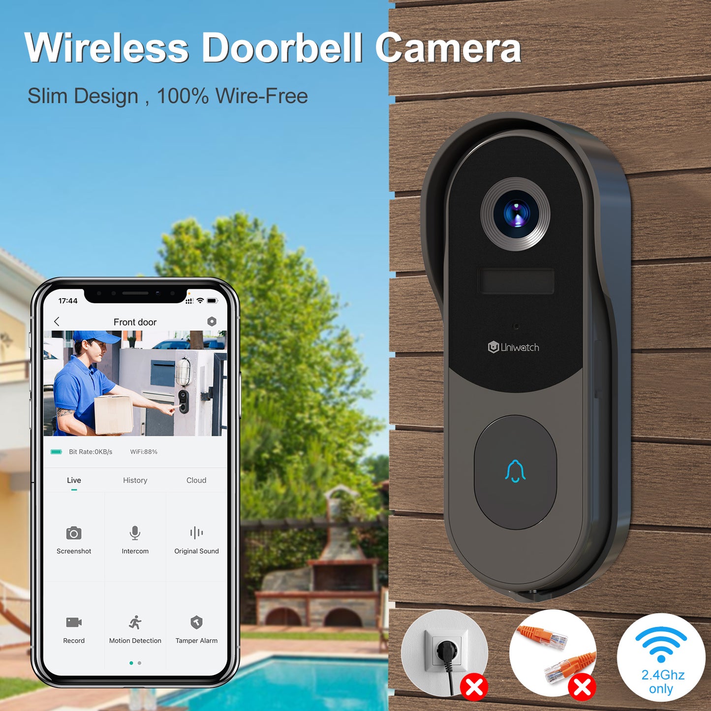 Wireless Doorbell Camera 2K AI Outdoor WiFi Video Doorbell,Two-Way Audio Night Vision,IP65 Waterproof by Uniwatch