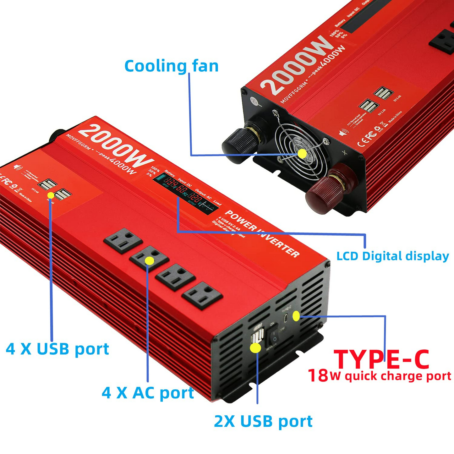 2000W 12V Modified sine Wave Power Inverter,Peak 4000 watt, Car/Truck DC 12V to 110V 4AC Converter, 6X 2.4A USB Ports,with 18W Type-C Quick Charge Port,LCD Digital Display Yyton