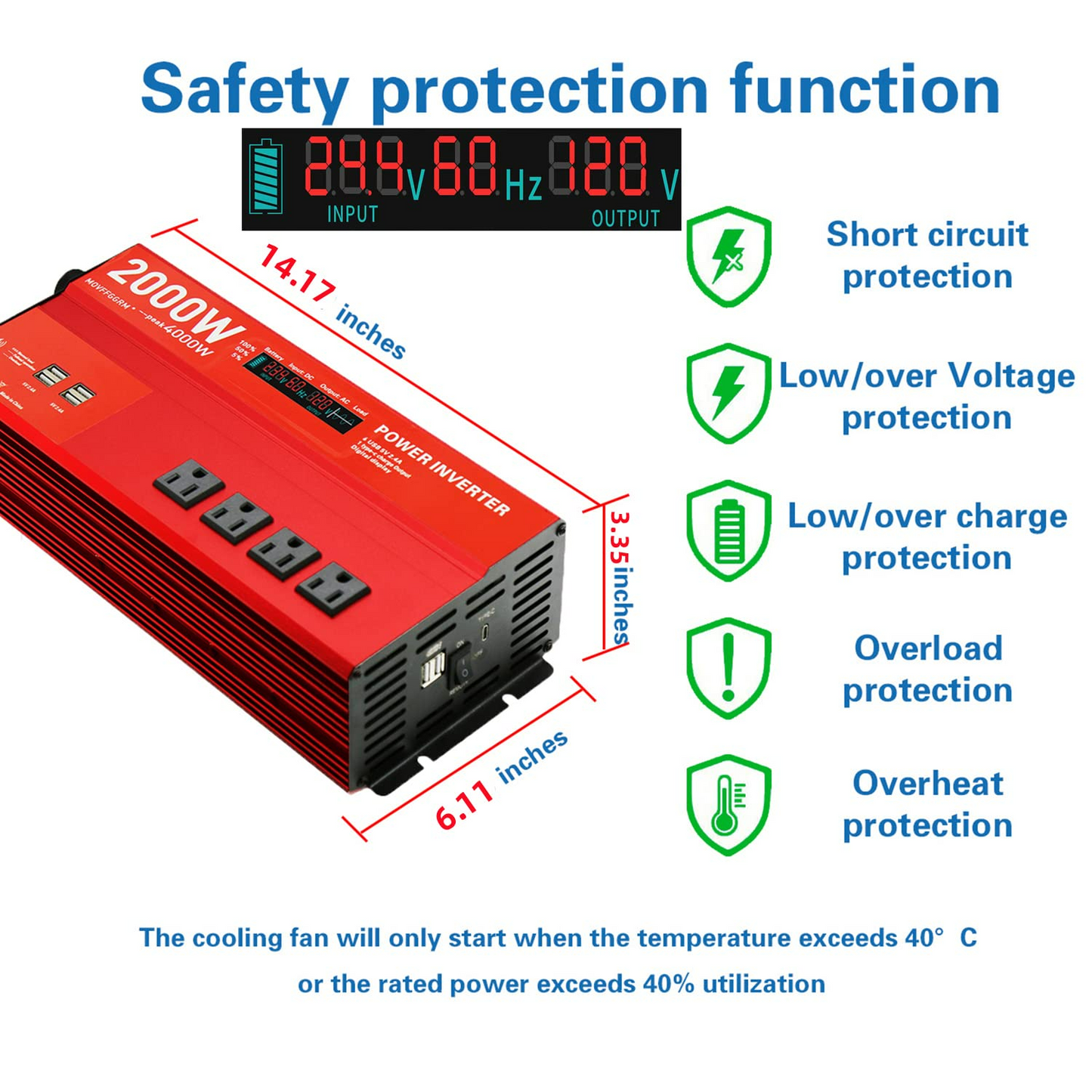 2000W 24V Modified sine Wave Power Inverter,Peak 4000 watt, Car/Truck DC 24V to 110V 4AC Converter, 6X 2.4A USB Ports,with 1x 18W Type-C Quick Charge Ports,LCD Digital Display Yyton