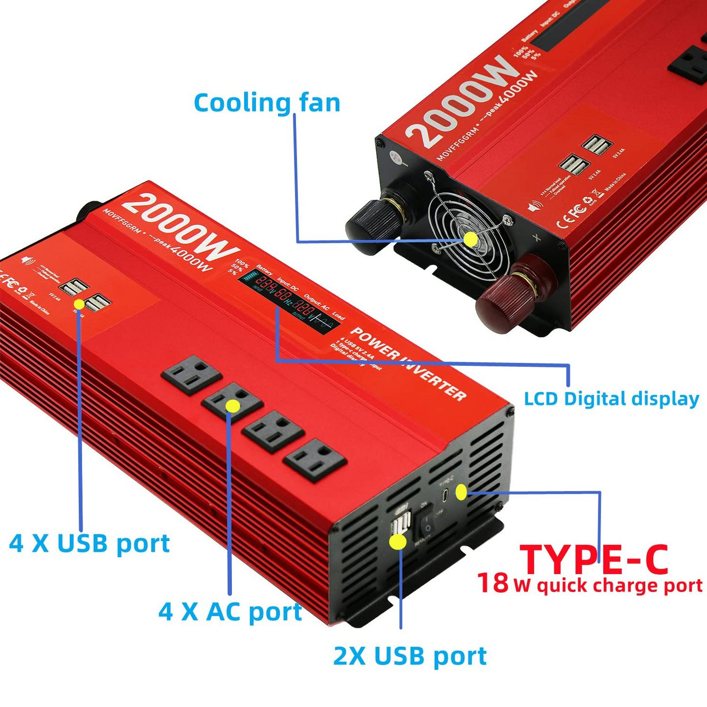 2000W 24V Modified sine Wave Power Inverter,Peak 4000 watt, Car/Truck DC 24V to 110V 4AC Converter, 6X 2.4A USB Ports,with 1x 18W Type-C Quick Charge Ports,LCD Digital Display Yyton