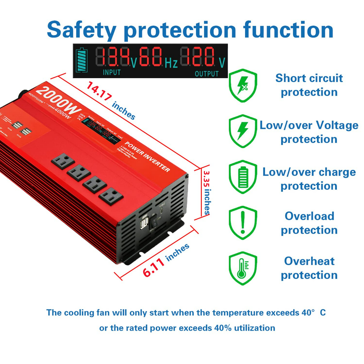 2000W 12V Modified sine Wave Power Inverter,Peak 4000 watt, Car/Truck DC 12V to 110V 4AC Converter, 6X 2.4A USB Ports,with 18W Type-C Quick Charge Port,LCD Digital Display Yyton